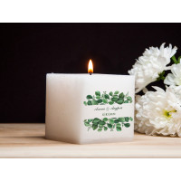 Декоративна свеча для свадьбы в стиле Greenery с именной надписью квадратная белая